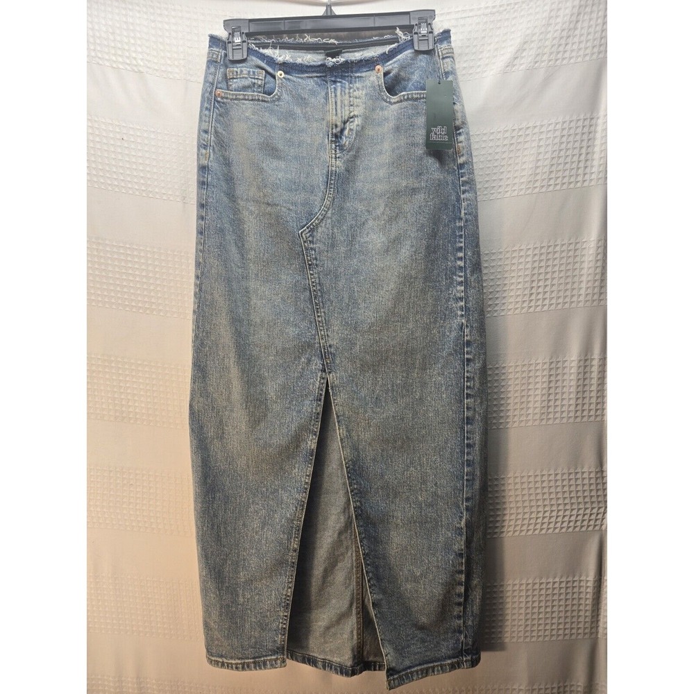 Wild Fable Skirt Womens Sz 0 Blue Frayed Denim Middle Open Slit Y2K Grunge 5623